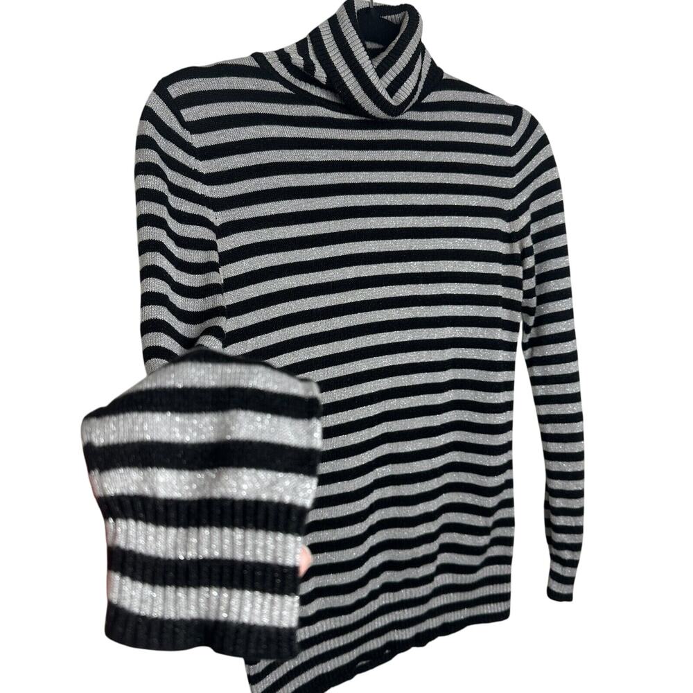 Joseph A. Silver & Black Stripe Metallic Knit Turtleneck Long Sleeve Sweater PP